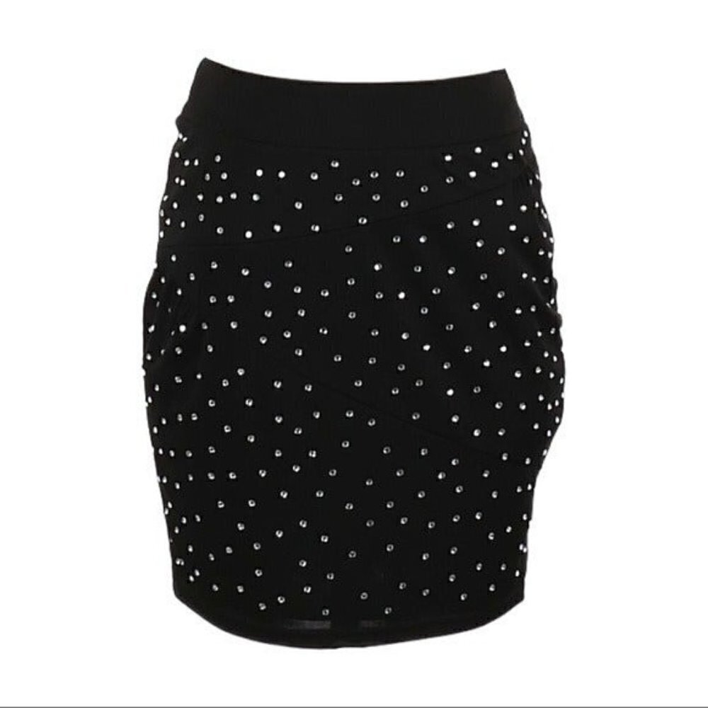 Reiss Madyson Rhinestone Satin Black Fitted Mini Skirt Size 2